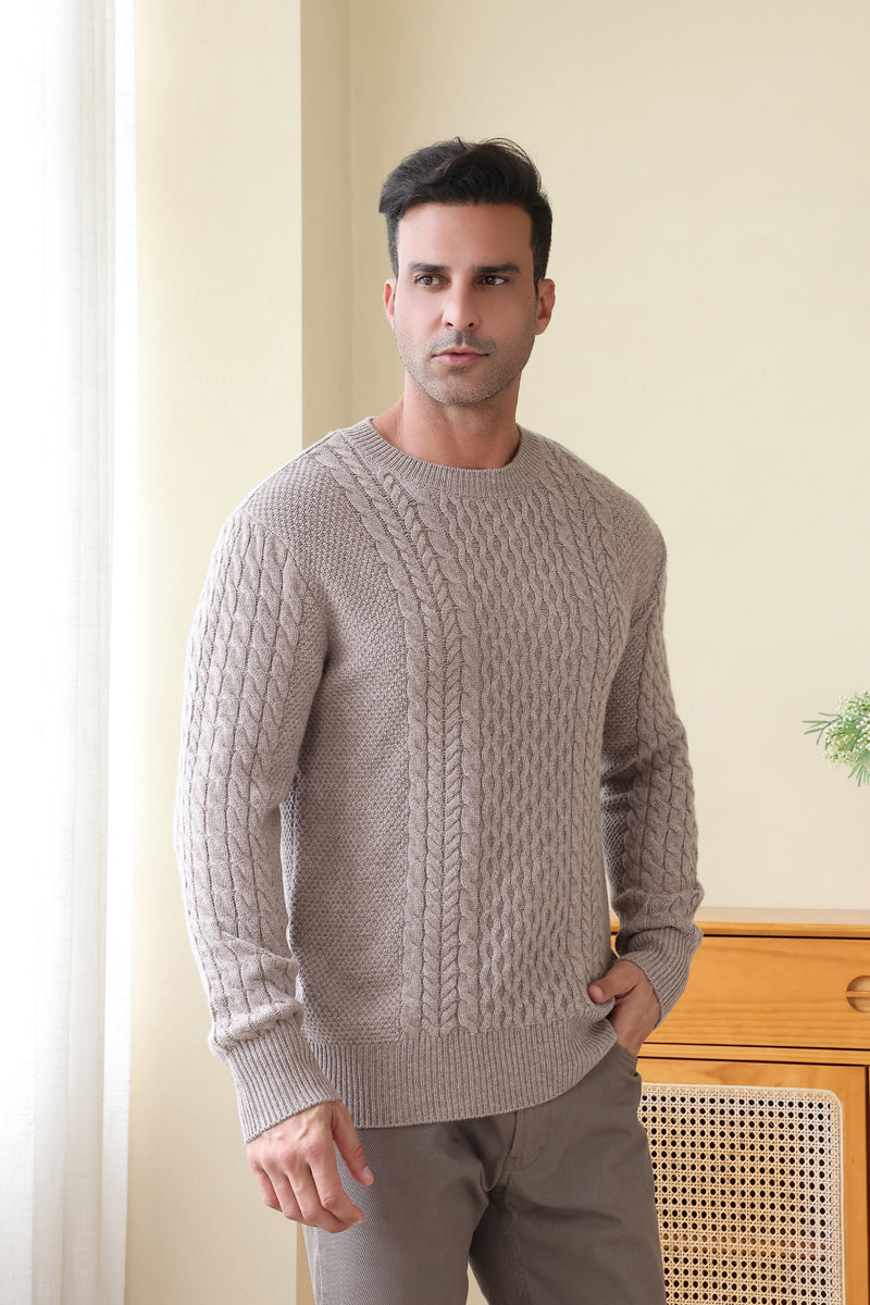 Man wearing a luxurious Aran Cashmere Sweater by Inis Aran Ireland#color_light-smoke