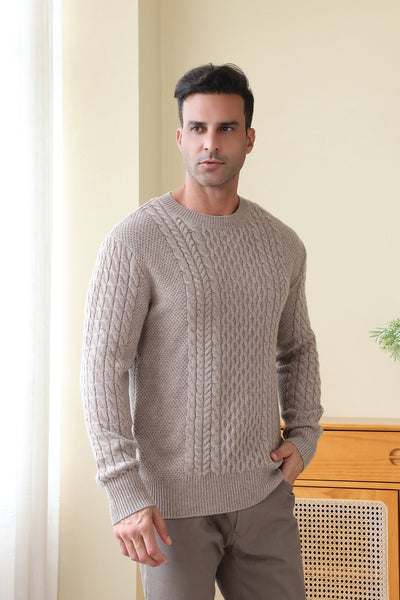 Man wearing a luxurious Aran Cashmere Sweater by Inis Aran Ireland#color_light-smoke