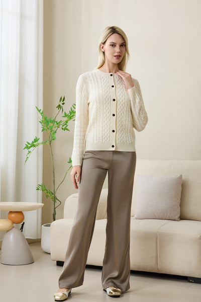 Ladies Astra Aran Cable Knit Cardigan with Cashmere#color_white-alyssum