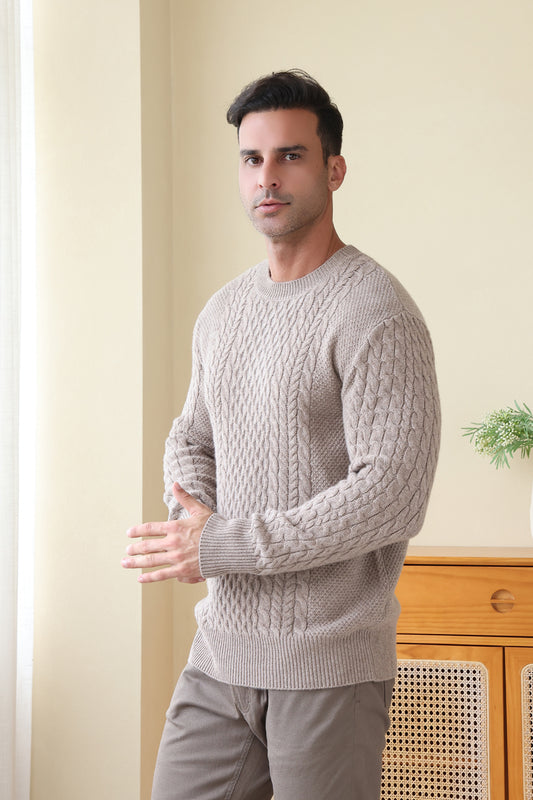Man wearing a luxurious Aran Cashmere Sweater by Inis Aran Ireland#color_light-smoke
