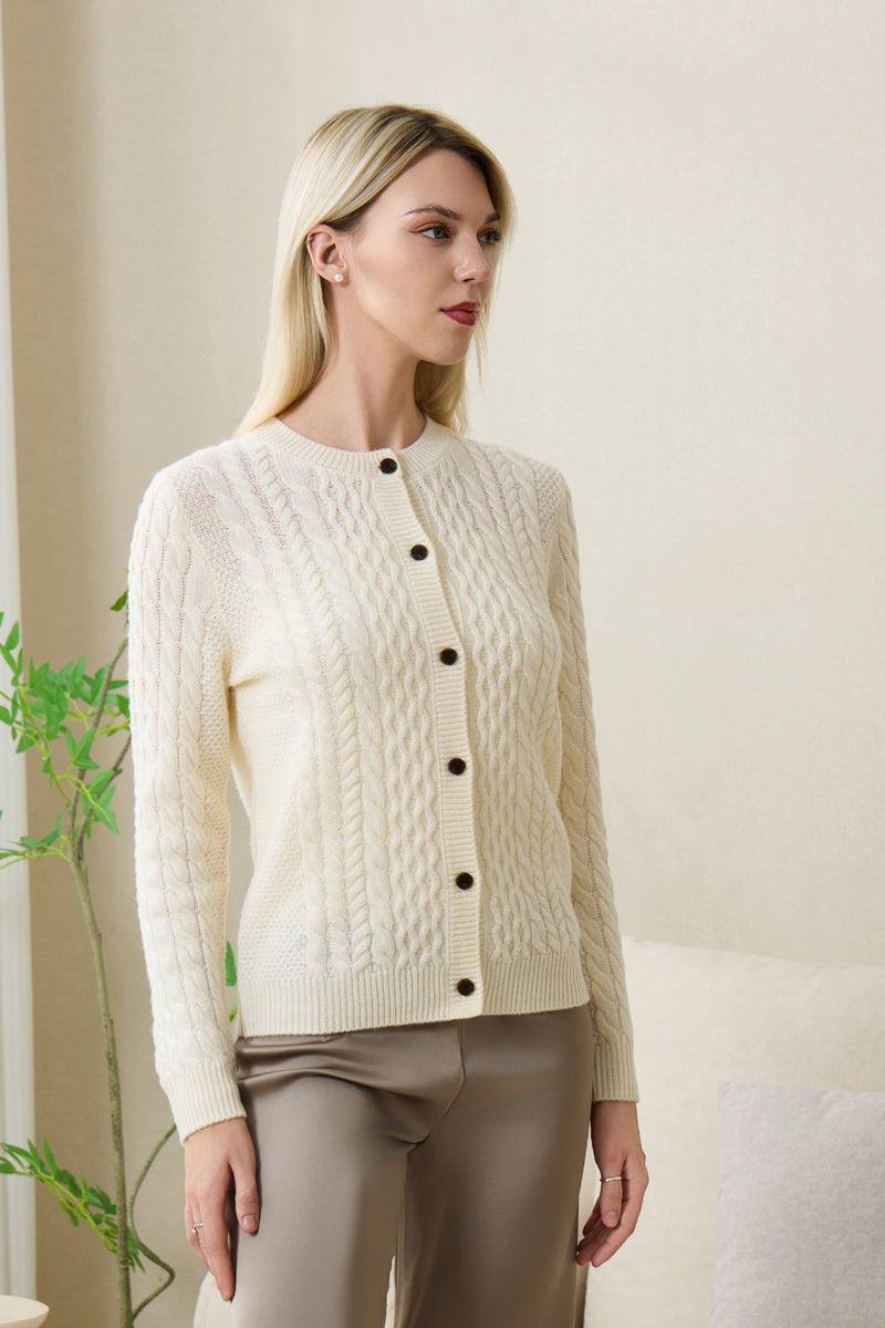 Ladies Astra Aran Cable Knit Cardigan with Cashmere#color_white-alyssum