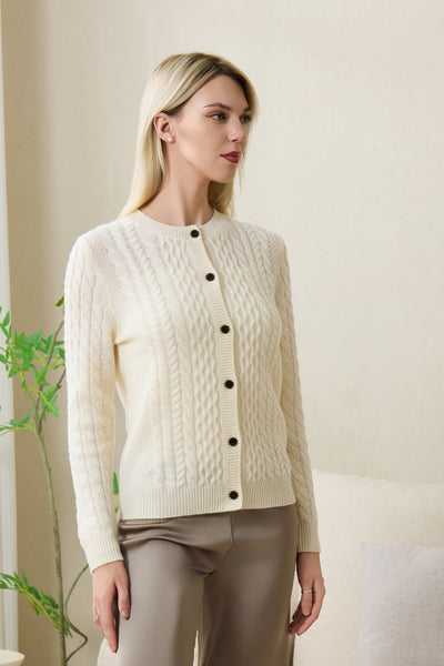 Ladies Astra Aran Cable Knit Cardigan with Cashmere#color_white-alyssum