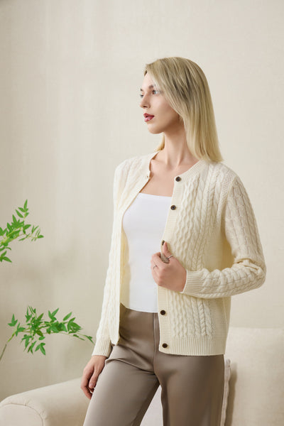 Ladies Astra Aran Cable Knit Cardigan with Cashmere#color_white-alyssum