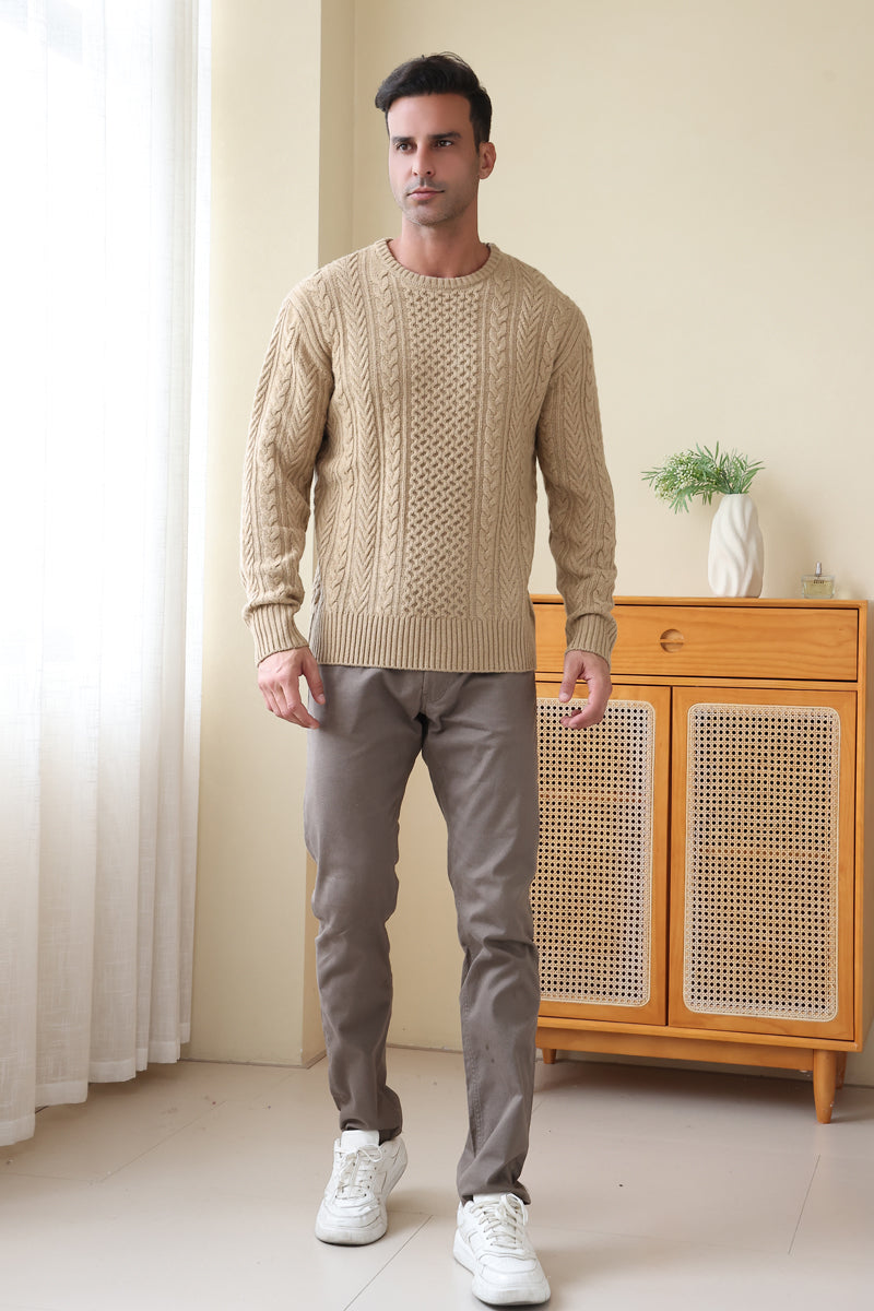 Man wearing a luxury merino aran knit sweater by Inis Aran#color_light-camel