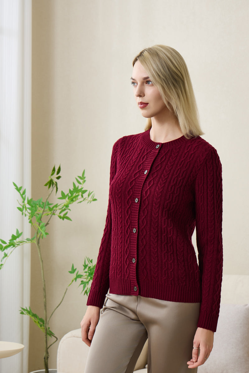 Clodagh Aran Cable Cashmere Cardigan by Inis Aran#color_windsor-wine