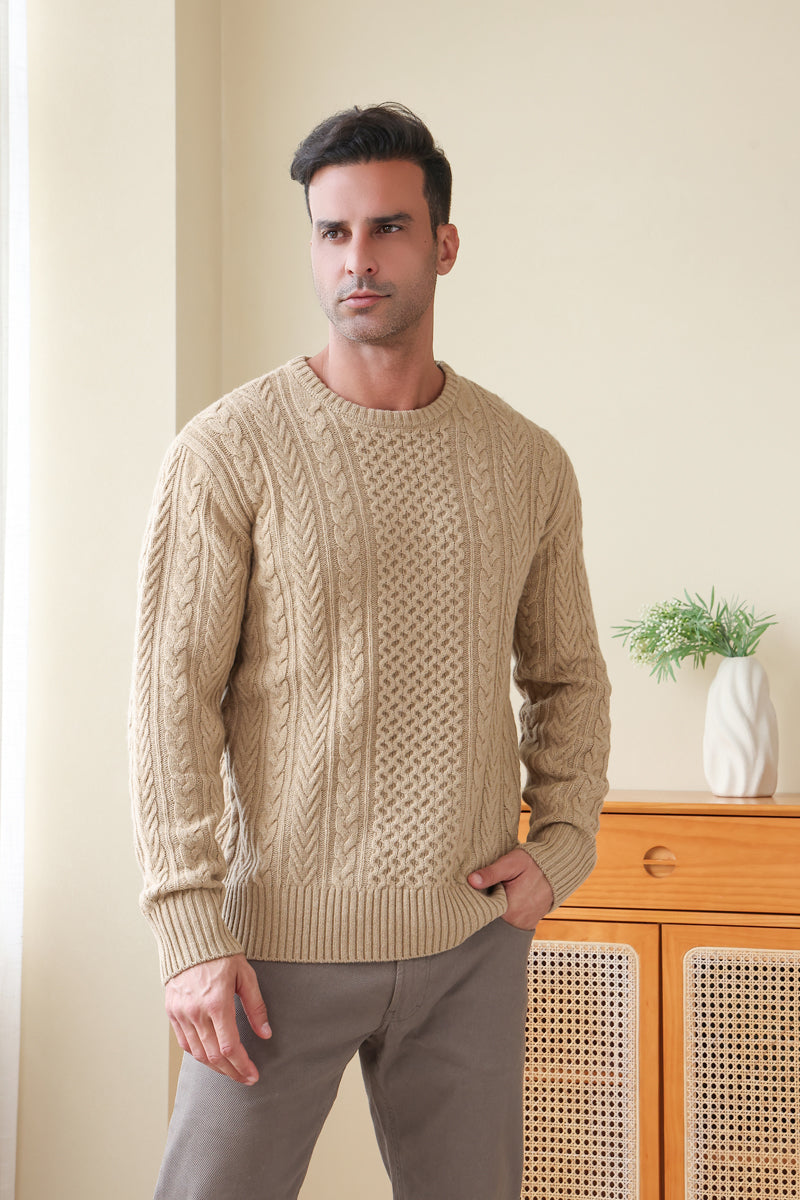 Man wearing a luxury merino aran knit sweater by Inis Aran#color_light-camel