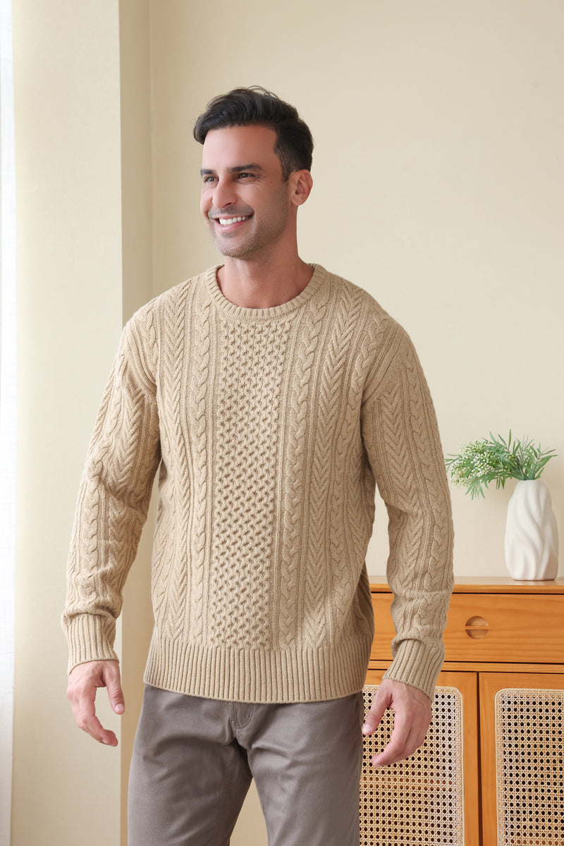 Man wearing a luxury merino aran knit sweater by Inis Aran#color_light-camel