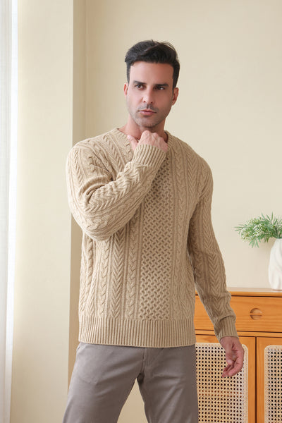 Man wearing a luxury merino aran knit sweater by Inis Aran#color_light-camel