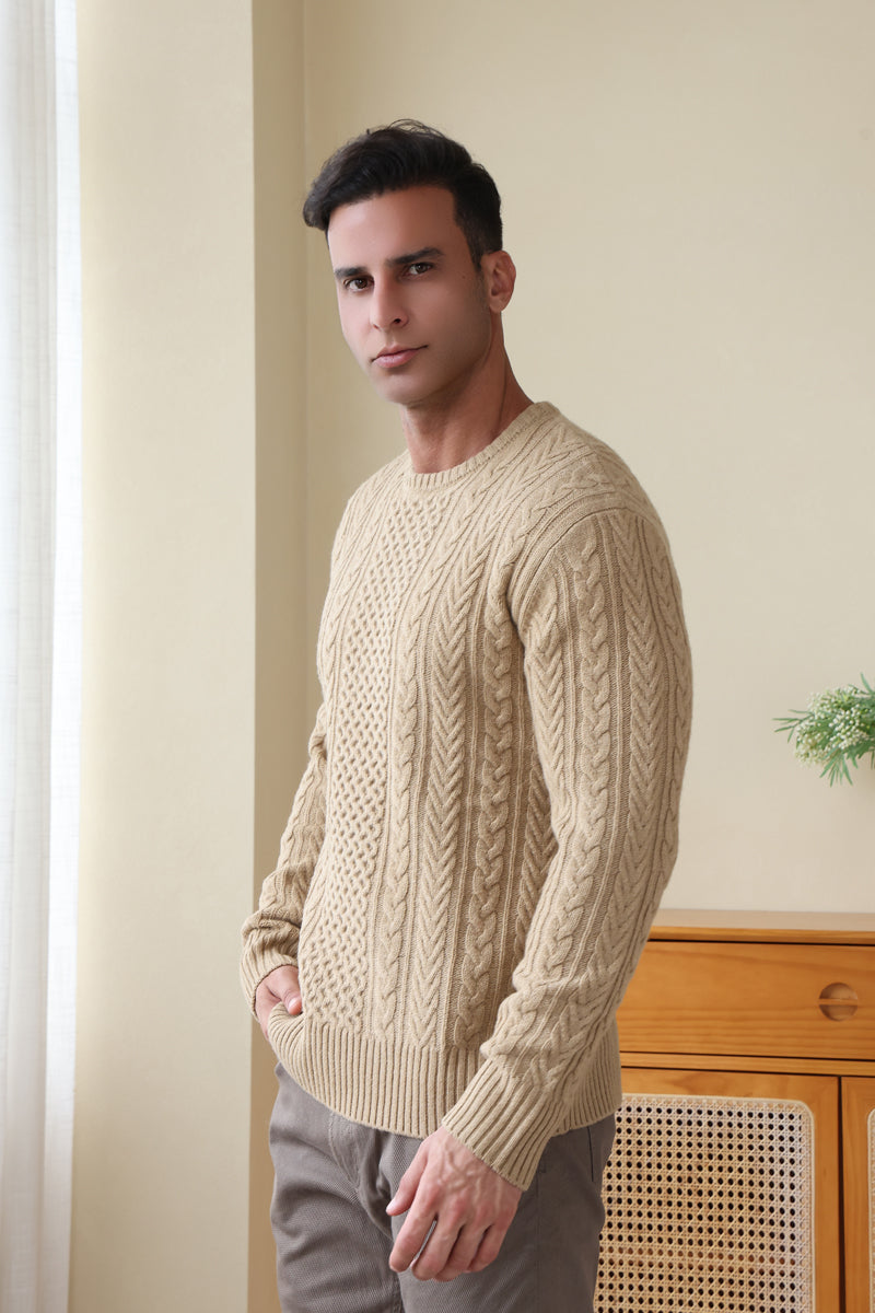 Man wearing a luxury merino aran knit sweater by Inis Aran#color_light-camel