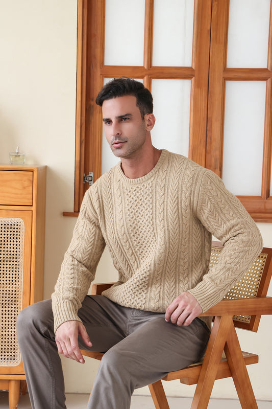 Man wearing a luxury merino aran knit sweater by Inis Aran#color_light-camel