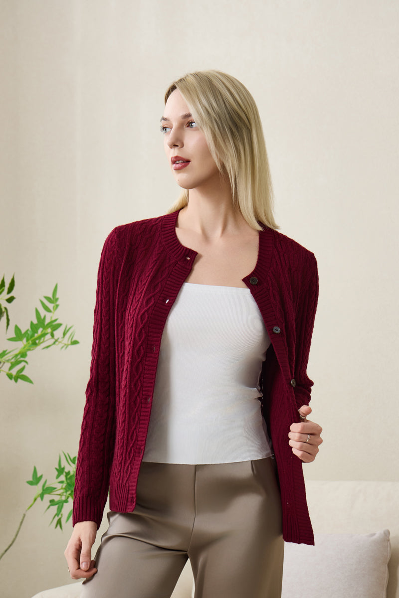 Clodagh Aran Cable Cashmere Cardigan by Inis Aran#color_windsor-wine