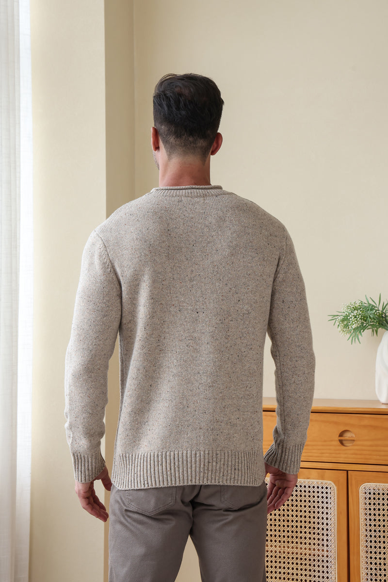 Man wearing the Inis Aran Donegal Merino Roll Neck Sweater#color_ryewater