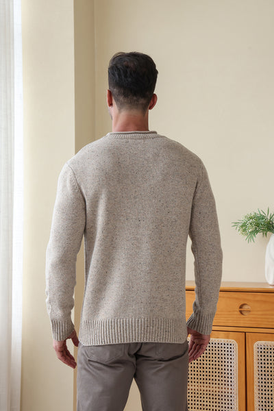 Man wearing the Inis Aran Donegal Merino Roll Neck Sweater#color_ryewater