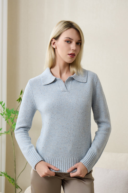 Jodie Polo Collar Sweater by Inis Aran in Donegal Merino#color_skye
