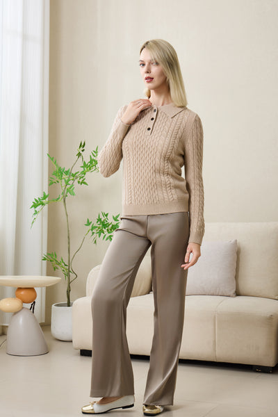Olivia Polo Collar Button Aran Sweater with Cashmere by Inis Aran#coloe_ancient-painting