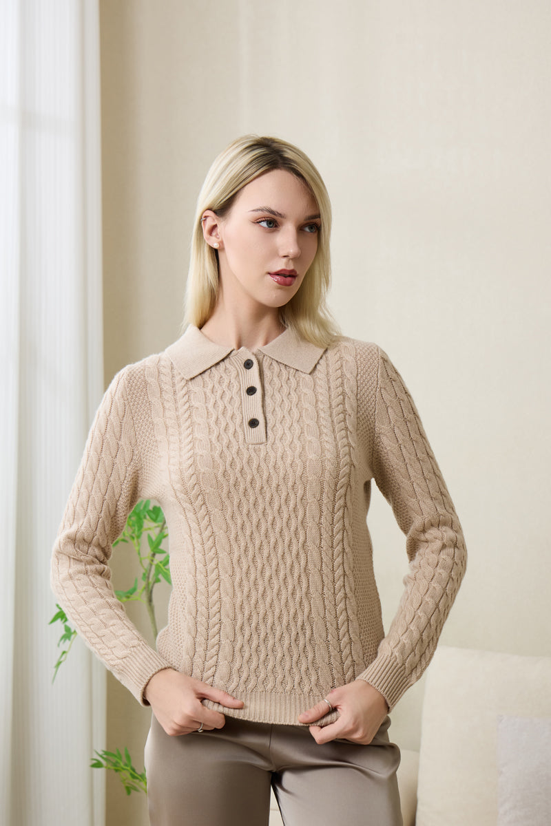 Olivia Polo Collar Button Aran Sweater with Cashmere by Inis Aran#coloe_ancient-painting