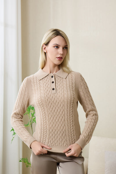 Olivia Polo Collar Button Aran Sweater with Cashmere by Inis Aran#coloe_ancient-painting
