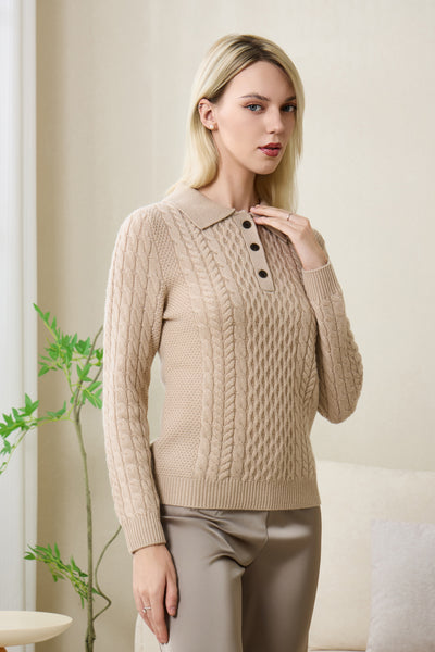 Olivia Polo Collar Button Aran Sweater with Cashmere by Inis Aran#coloe_ancient-painting