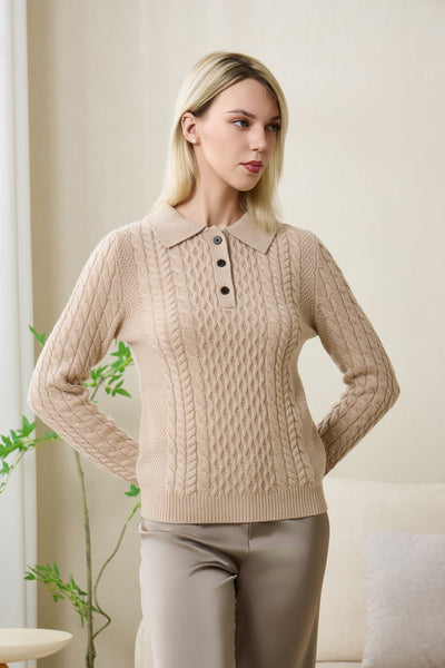 Olivia Polo Collar Button Aran Sweater with Cashmere by Inis Aran#coloe_ancient-painting