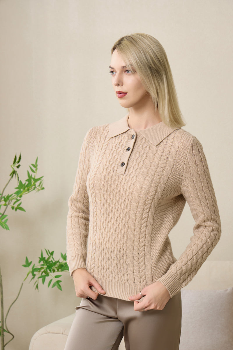 Olivia Polo Collar Button Aran Sweater with Cashmere by Inis Aran#coloe_ancient-painting