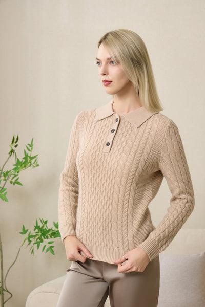 Olivia Polo Collar Button Aran Sweater with Cashmere by Inis Aran#coloe_ancient-painting
