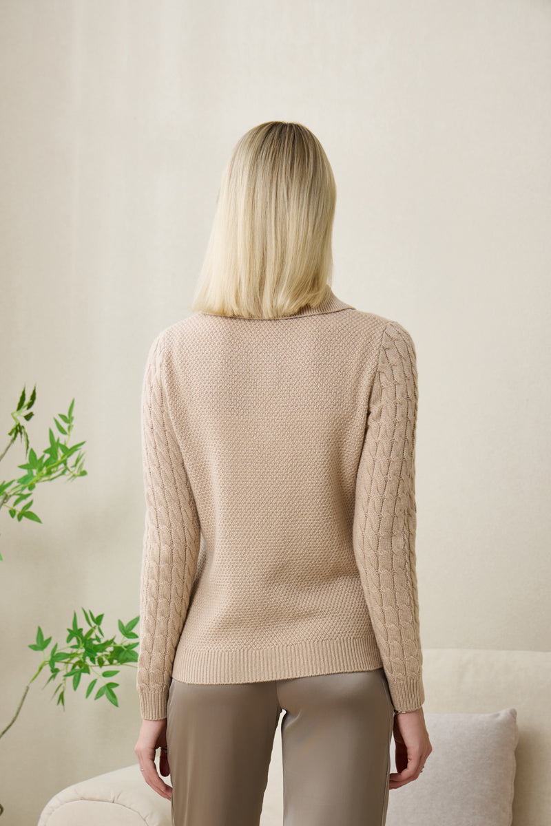 Olivia Polo Collar Button Aran Sweater with Cashmere by Inis Aran#color_ancient-painting