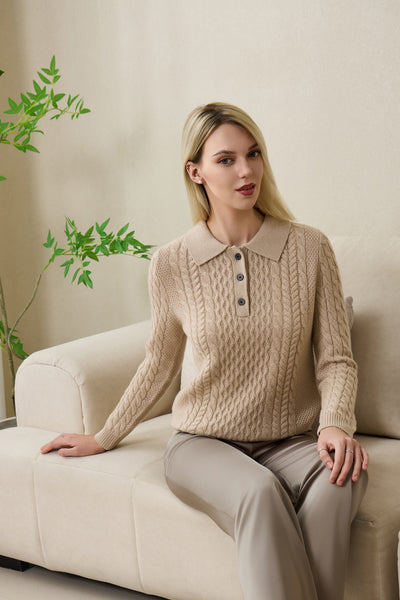 Olivia Polo Collar Button Aran Sweater with Cashmere by Inis Aran#coloe_ancient-painting