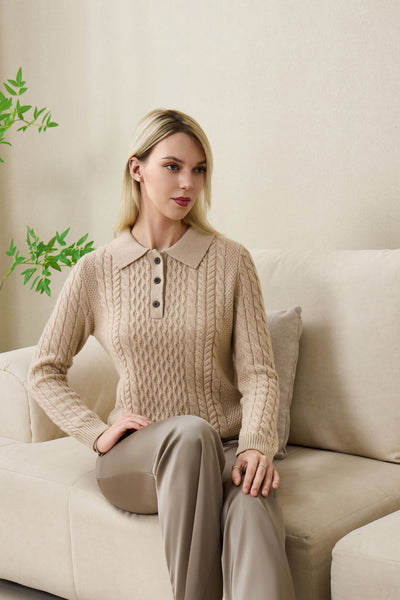 Olivia Polo Collar Button Aran Sweater with Cashmere by Inis Aran#coloe_ancient-painting