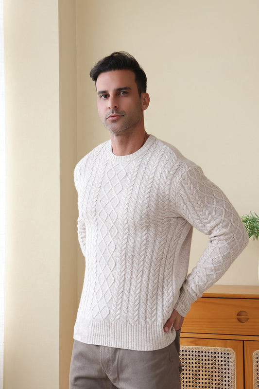 Man wearing a luxury wool cashmere aran sweater by Inis Aran#color_seoul-beige