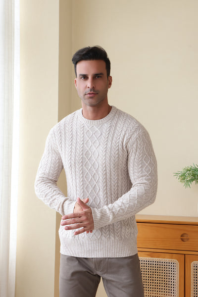 Man wearing a luxury wool cashmere aran sweater by Inis Aran#color_seoul-beige