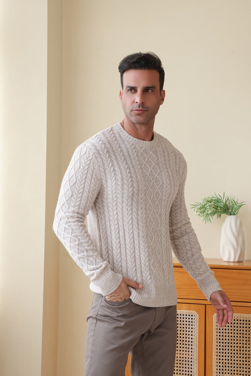 Man wearing a luxury wool cashmere aran sweater by Inis Aran#color_seoul-beige