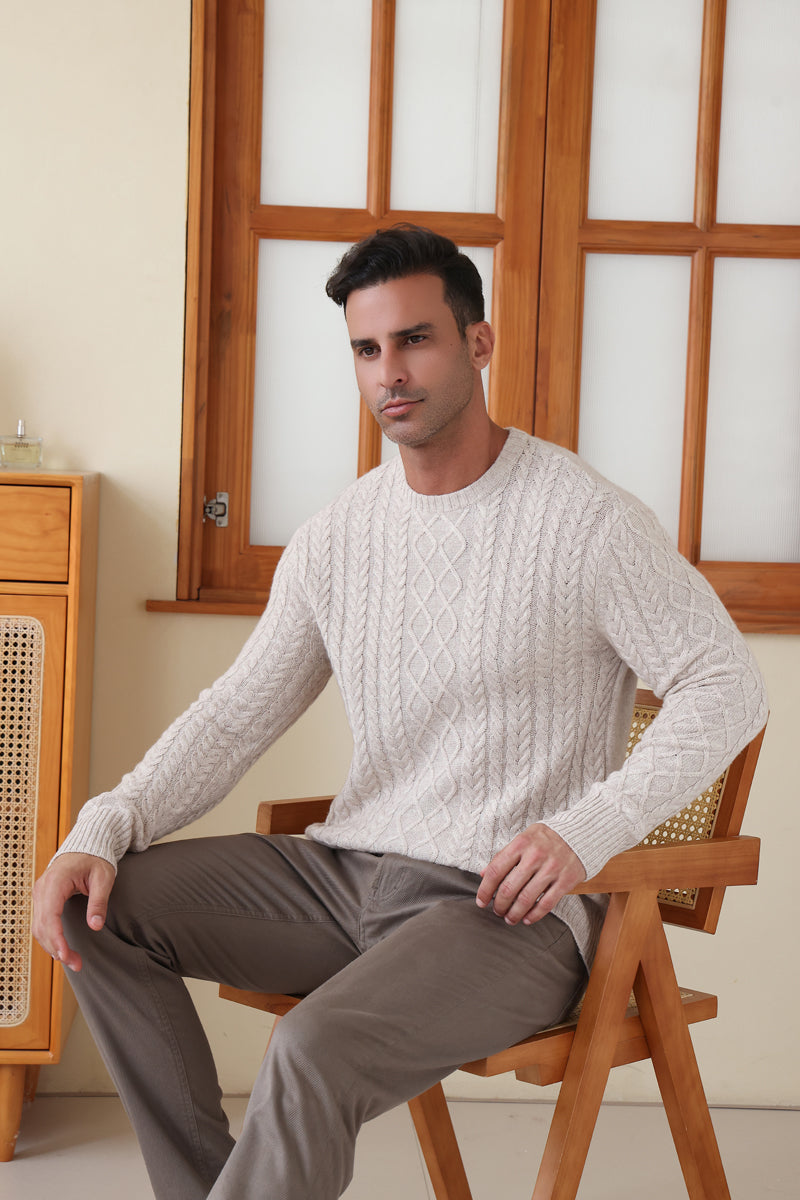 Man wearing a luxury wool cashmere aran sweater by Inis Aran#color_seoul-beige