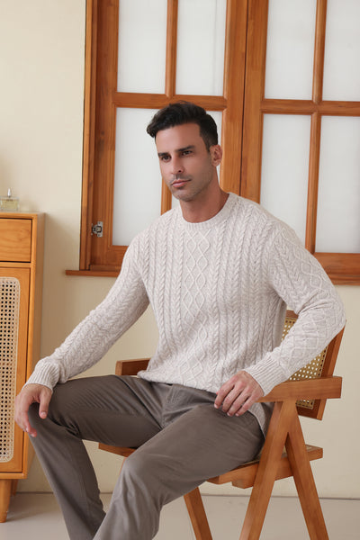 Man wearing a luxury wool cashmere aran sweater by Inis Aran#color_seoul-beige