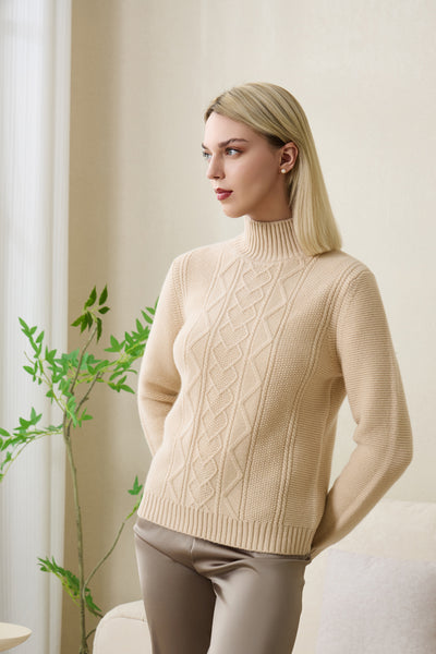 Corinne Mock Neck Cable Sweater in Lambswool by Inis Aran#color_dew