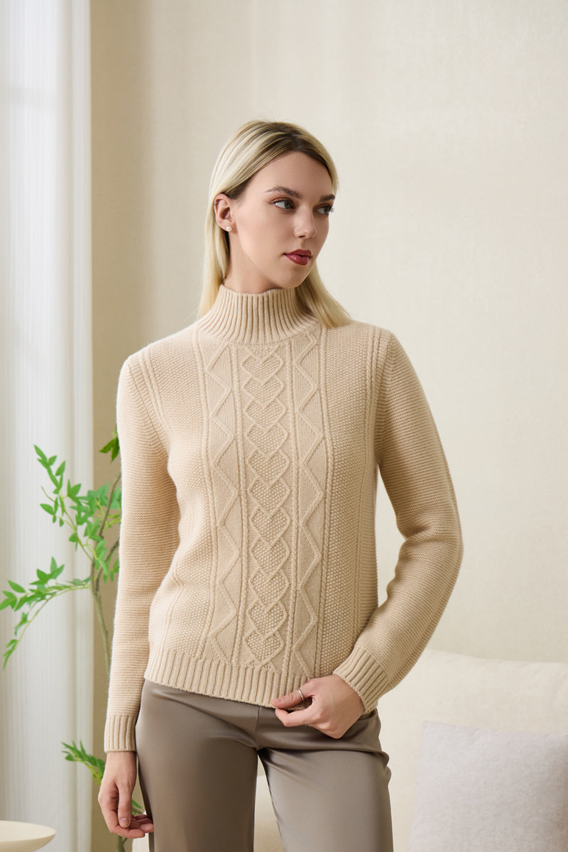 Corinne Mock Neck Cable Sweater in Lambswool by Inis Aran#color_dew