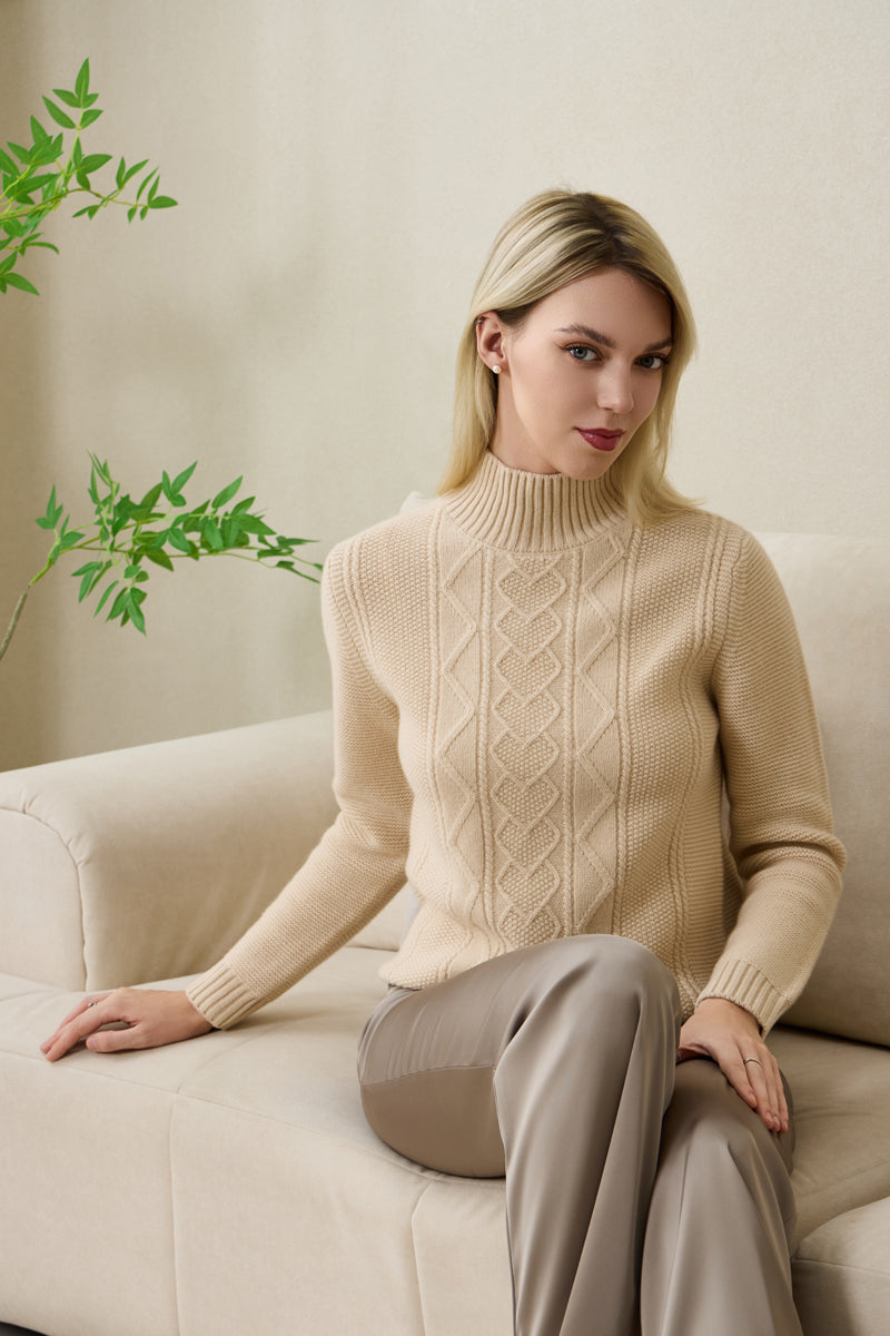 Corinne Mock Neck Cable Sweater in Lambswool by Inis Aran#color_dew