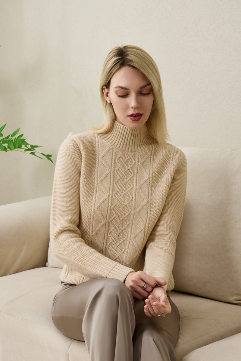 Corinne Mock Neck Cable Sweater in Lambswool by Inis Aran#color_dew