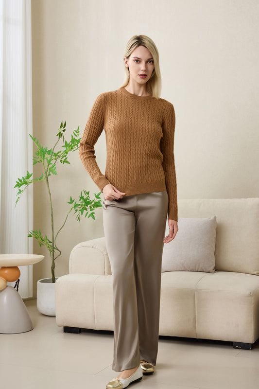 Mia Extra Fine Cable Sweater with Cashmere by Inis Aran#color_medium-camel