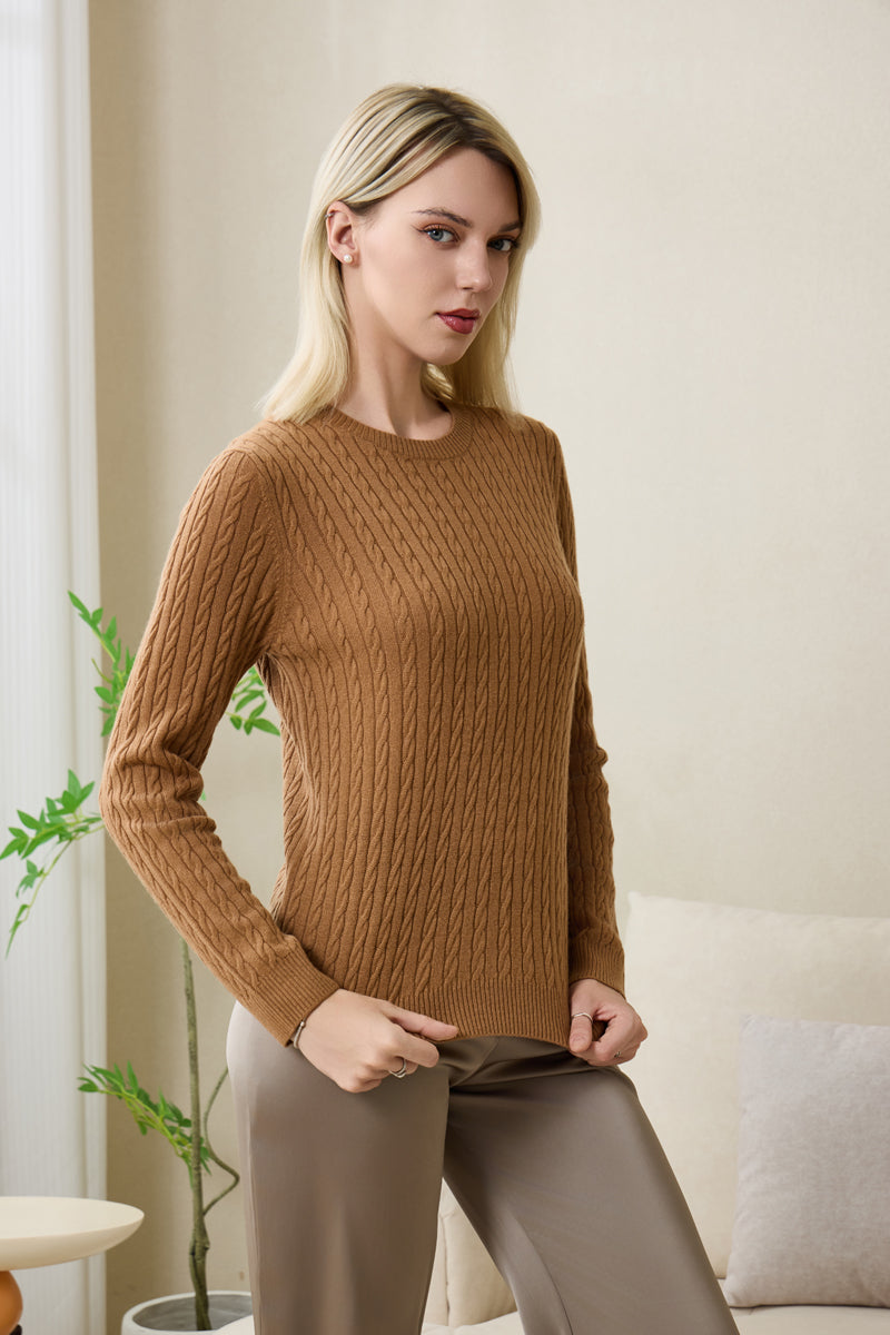 Mia Extra Fine Cable Sweater with Cashmere by Inis Aran#color_medium-camel