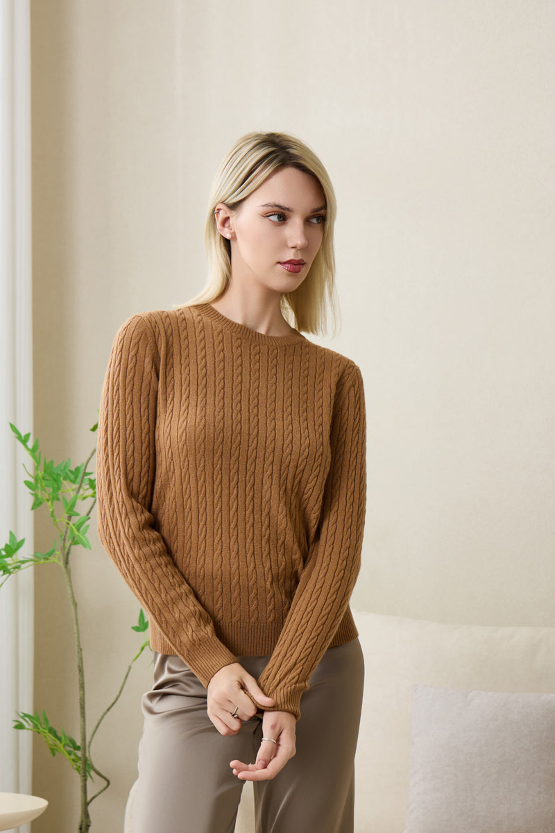 Mia Extra Fine Cable Sweater with Cashmere by Inis Aran#color_medium-camel