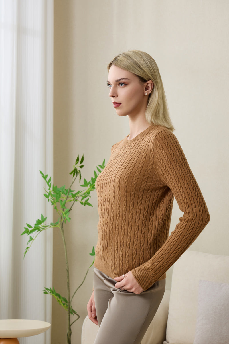 Mia Extra Fine Cable Sweater with Cashmere by Inis Aran#color_medium-camel