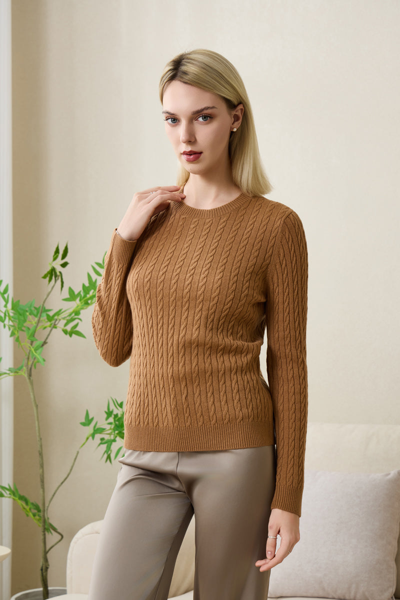 Mia Extra Fine Cable Sweater with Cashmere by Inis Aran#color_medium-camel