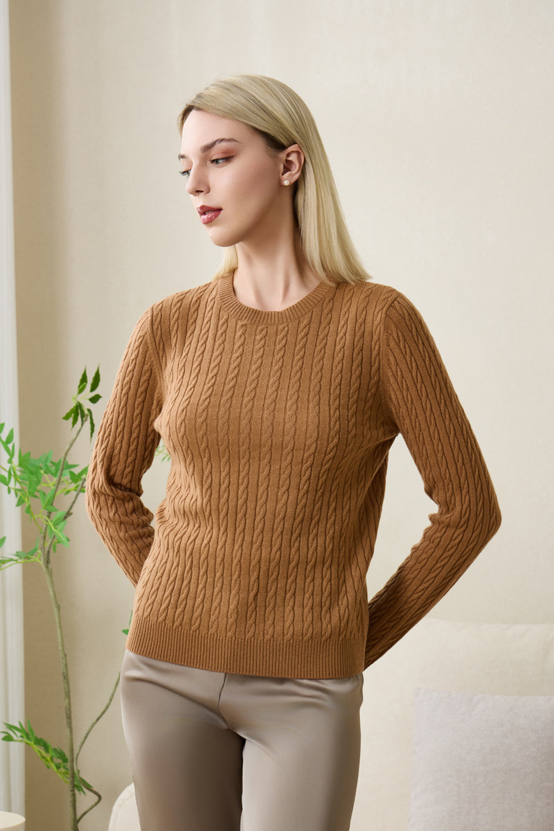 Mia Extra Fine Cable Sweater with Cashmere by Inis Aran#color_medium-camel