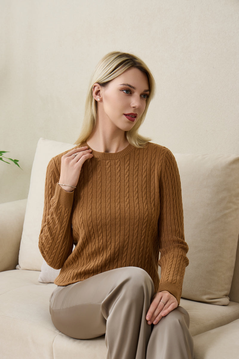 Mia Extra Fine Cable Sweater with Cashmere by Inis Aran#color_medium-camel