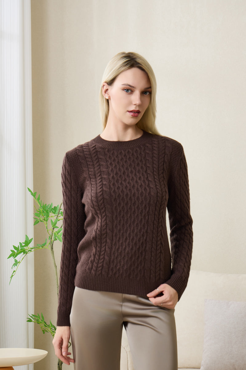 Ladies Aran Cable Sweater with Cashmere by Inis Aran#color_brown