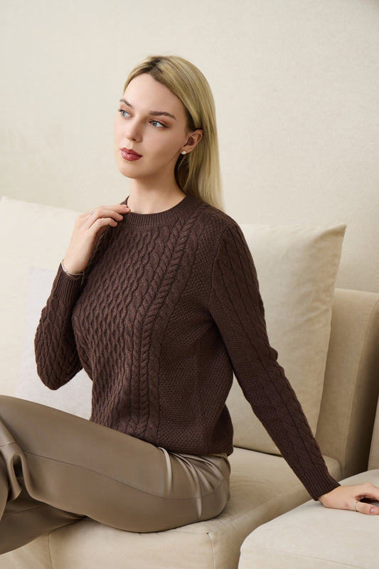 Ladies Aran Cable Sweater with Cashmere by Inis Aran#color_brown