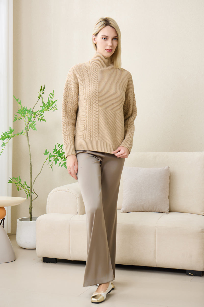 eleanor cable knit high neck sweater in lambswool#color_sandstone