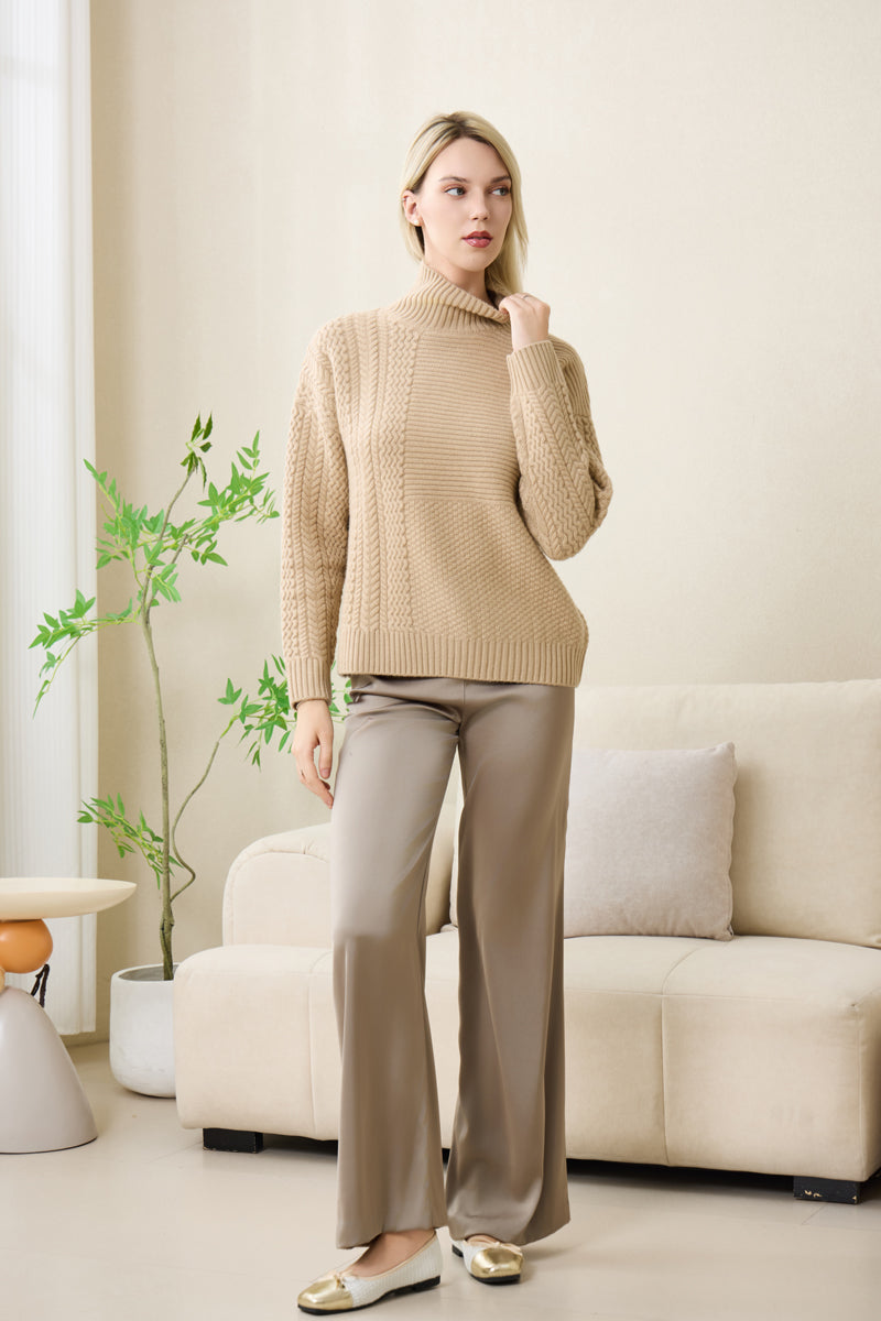 eleanor cable knit high neck sweater in lambswool#color_sandstone