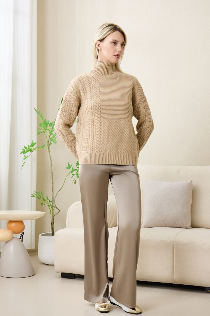 eleanor cable knit high neck sweater in lambswool#color_sandstone