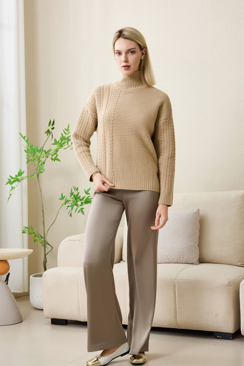 eleanor cable knit high neck sweater in lambswool#color_sandstone